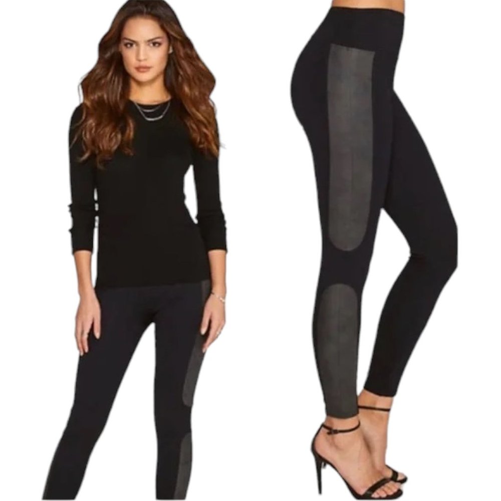 Spanx Faux Leather Panel Ponte Leggings Pants Black Women's Size Medium